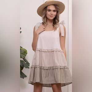 Mine White and Tan Striped Dress